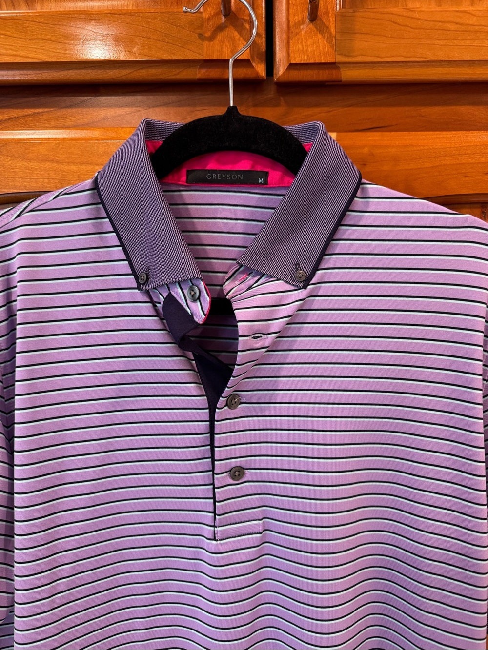 Greyson Men’s Lavender Stripe Polo with Navy Trim. Like New, Mens M.